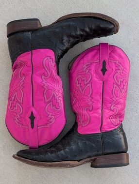 Resistol Ranch Men's Full Quill Ostrich Black Pink Western Cowboy Boots 10.5 D